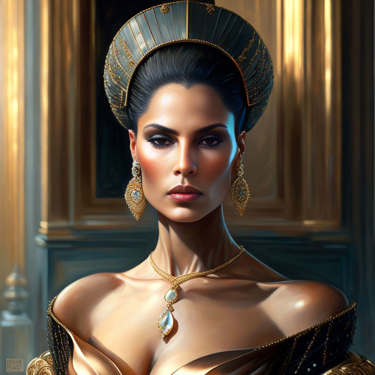 Regal woman with golden accessories in luxurious setting