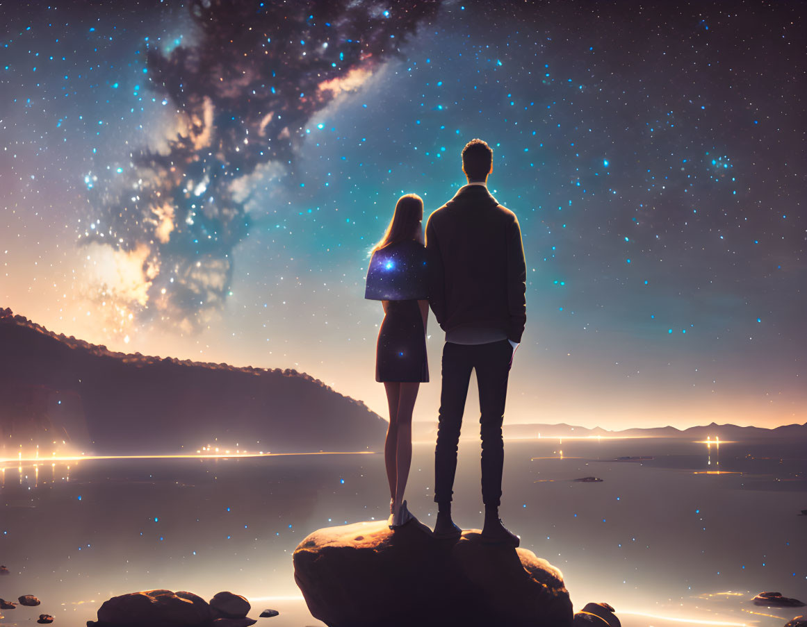 Couple on Rock Overlooking Starry Sky and Milky Way