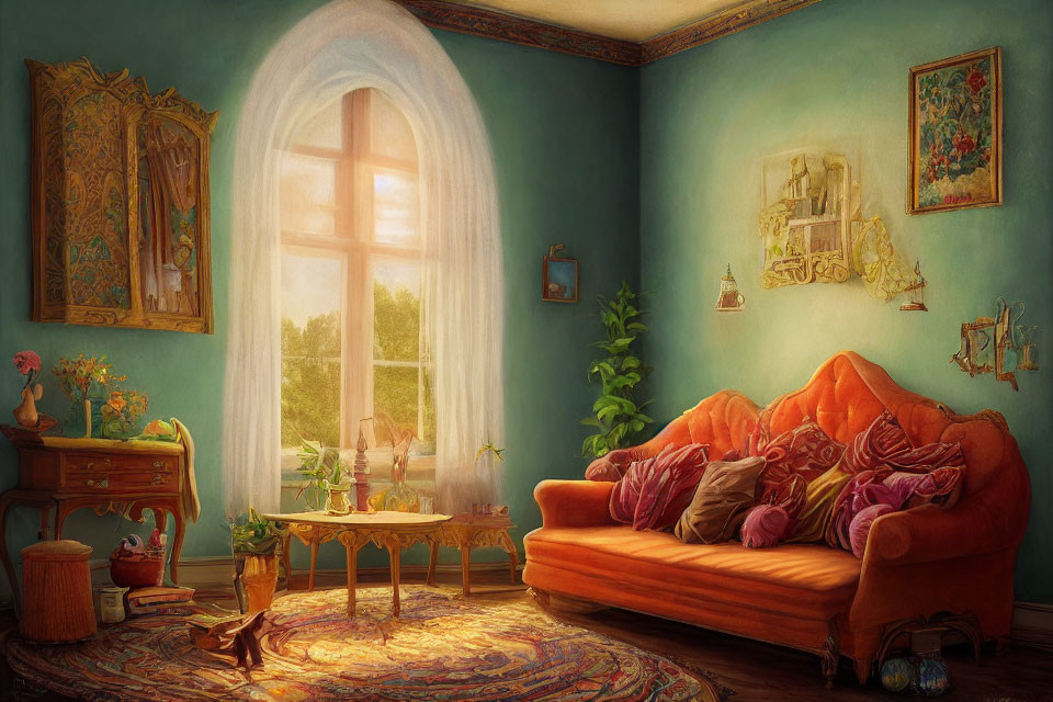 Sunlit vintage room with orange sofa, wooden furniture, tapestries, plants, and arched