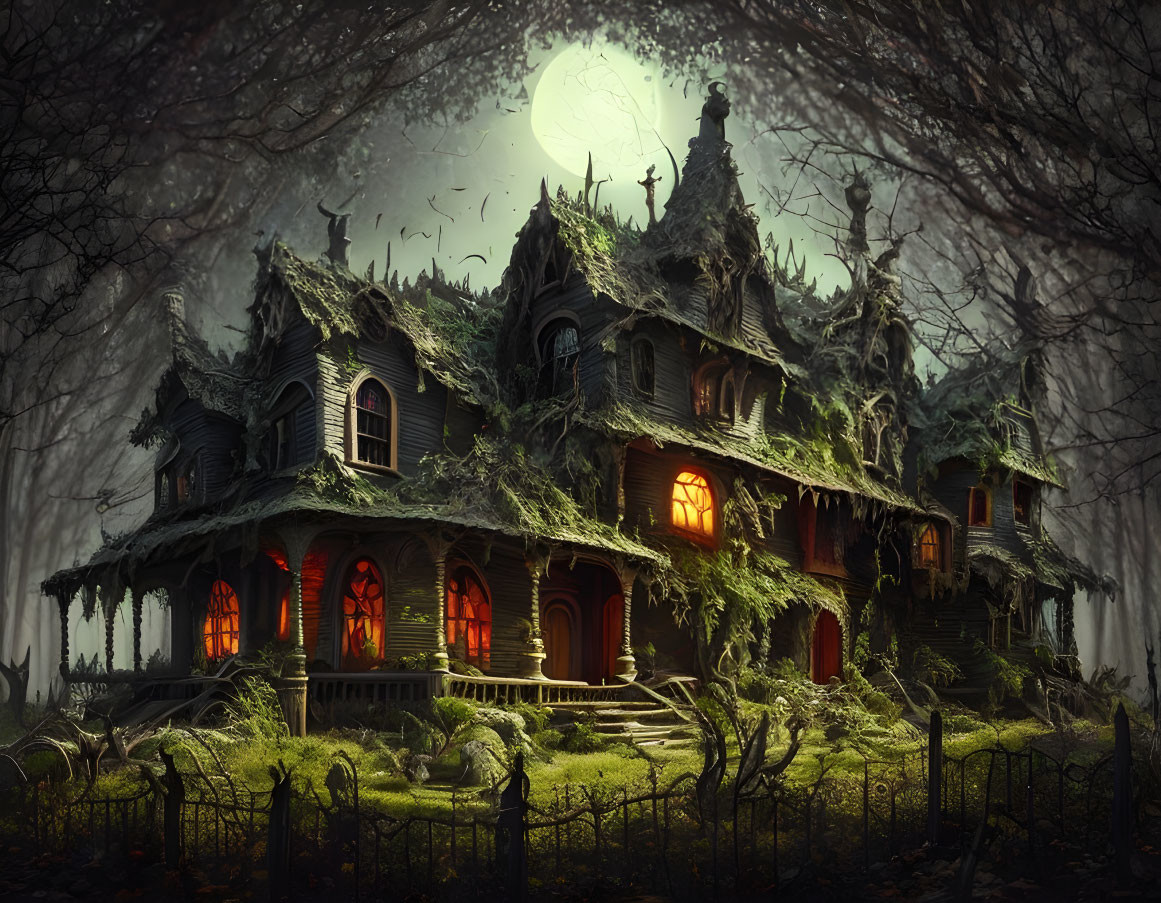 Spooky Gothic haunted house in moonlit forest landscape