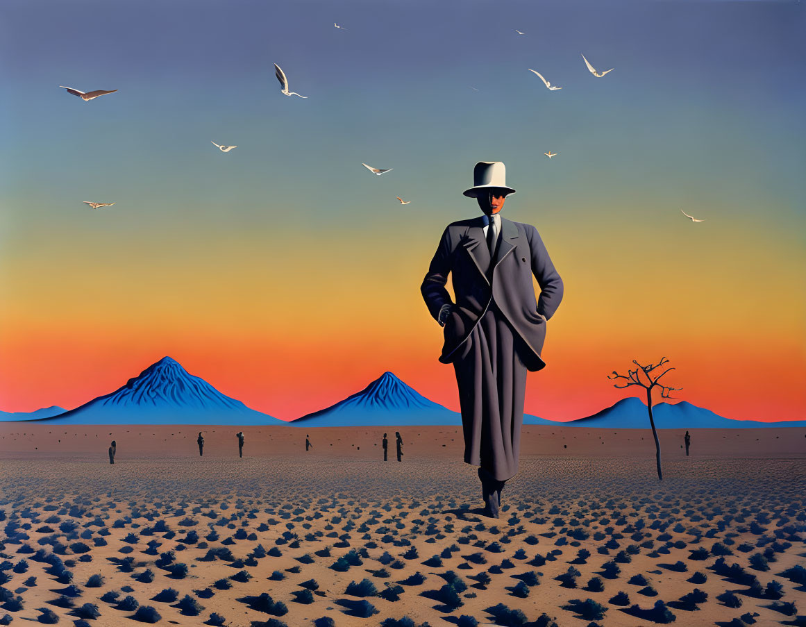 Man in suit with apple in desert landscape with mountains and birds