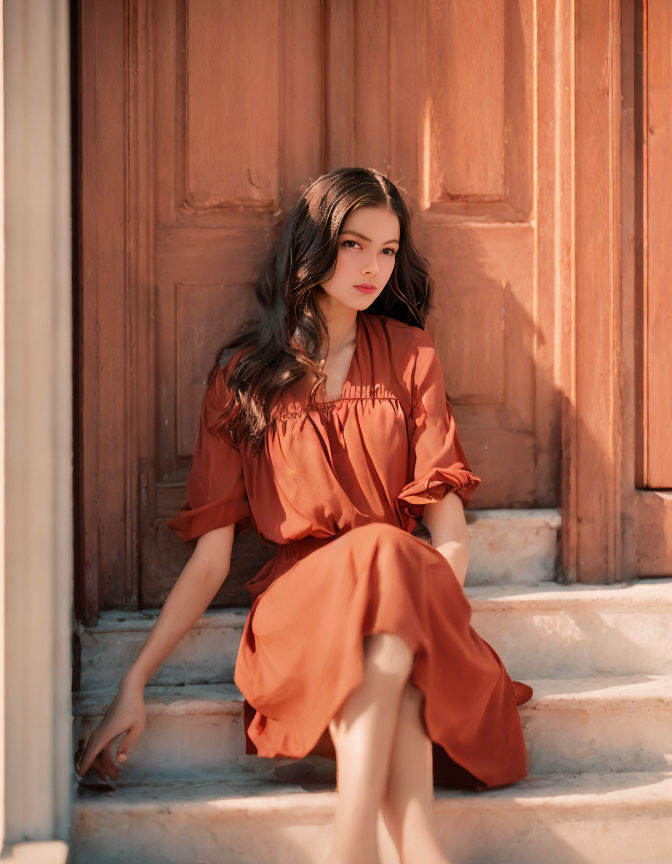 Woman in Rust Dress Sitting on Steps by Wooden Door in Soft Sunlight