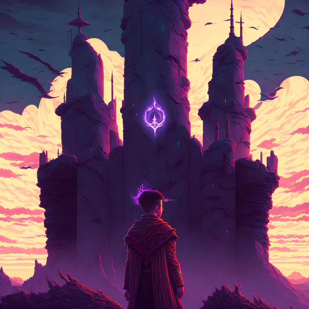 Solitary figure admires towering spires under pink sky with glowing emblem.