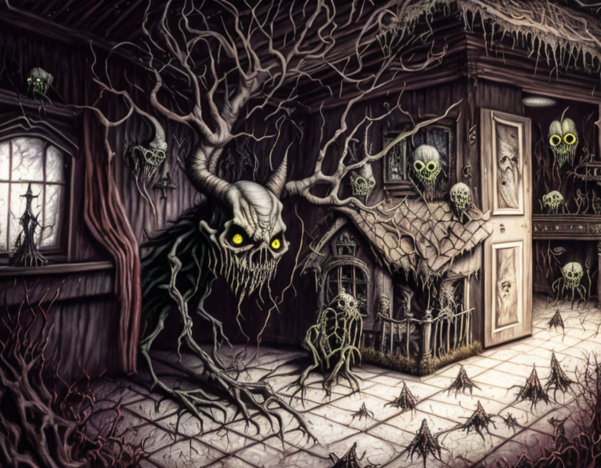 Abandoned room with twisted trees, owl-like eyes, and scattered skulls