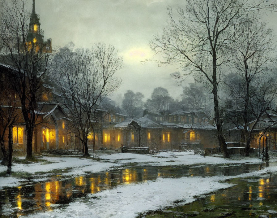 Snowy Dusk Landscape with Lit Windows and Clock Tower