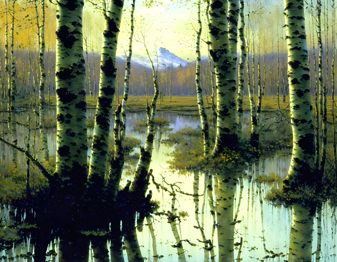 Birch forest reflected in calm water under soft golden light