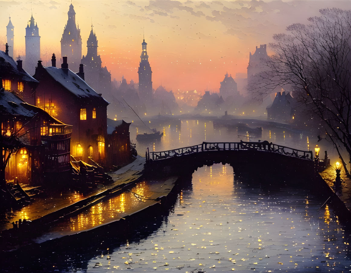 Serene canal scene at twilight with old-world houses and footbridge