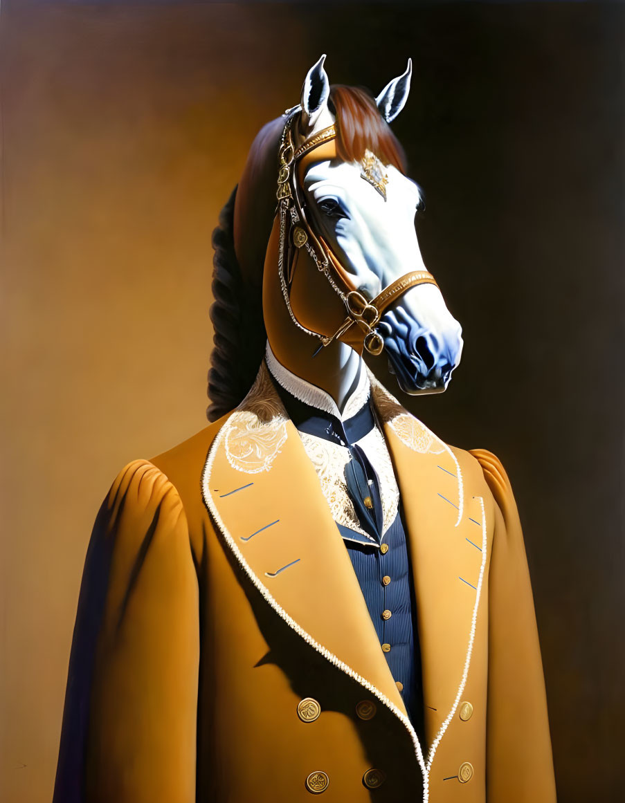 Surreal painting: horse with human body in yellow suit