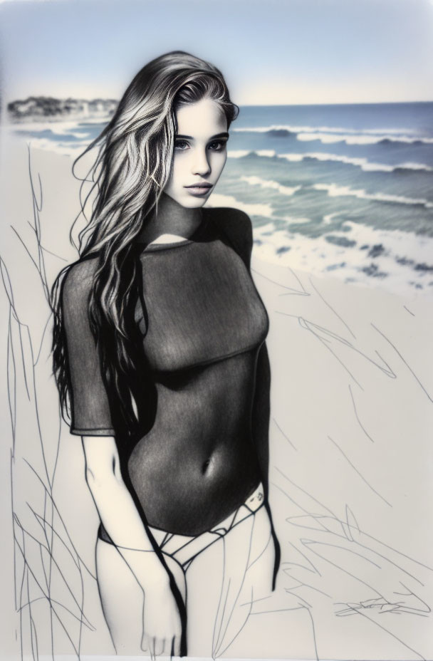 Monochrome beach illustration: woman in bikini, waves, sky, and beachgrass.