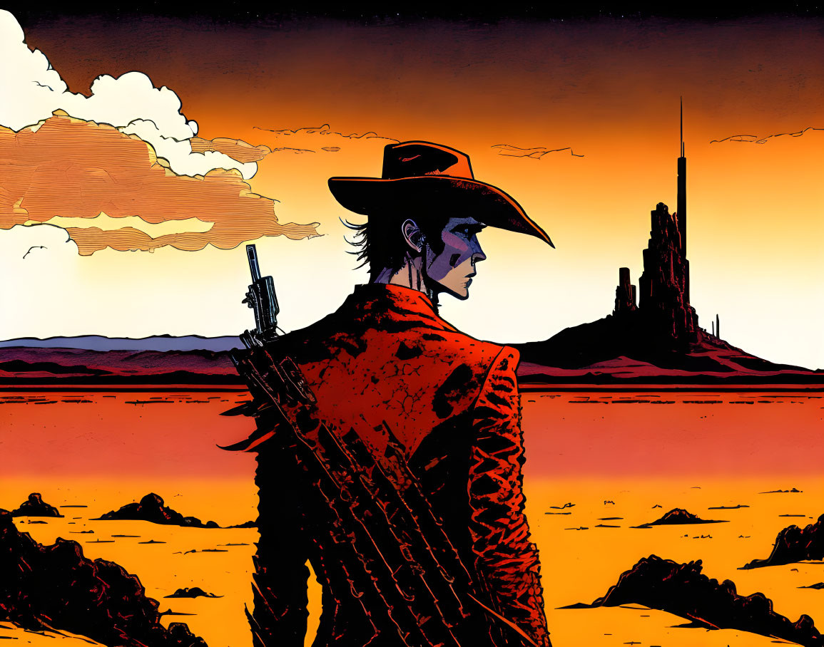 Cowboy silhouette with revolver against futuristic tower at sunset