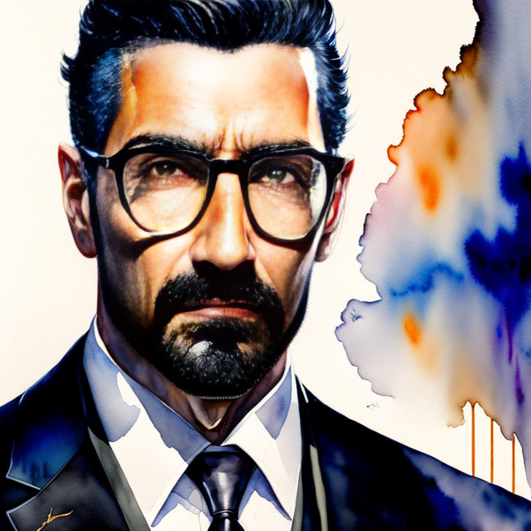 Man with Dark Hair, Beard, Glasses, Suit, and Colorful Abstract Paint