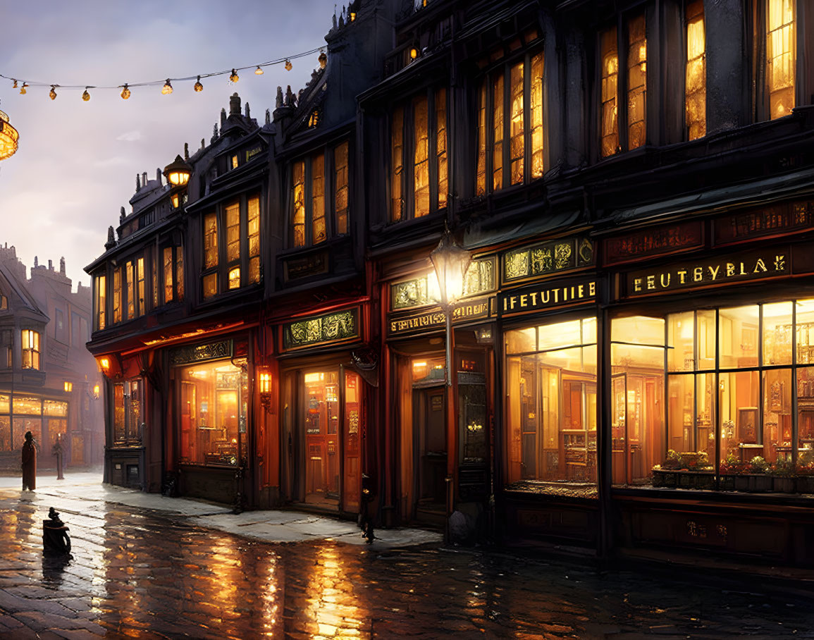 Vintage street corner with illuminated shopfronts and cobbled pavement at dusk.