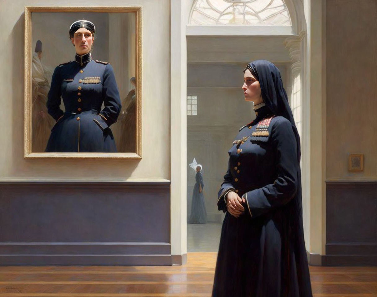 Woman in black dress and headscarf gazes at framed uniformed portrait with reflective background figure.