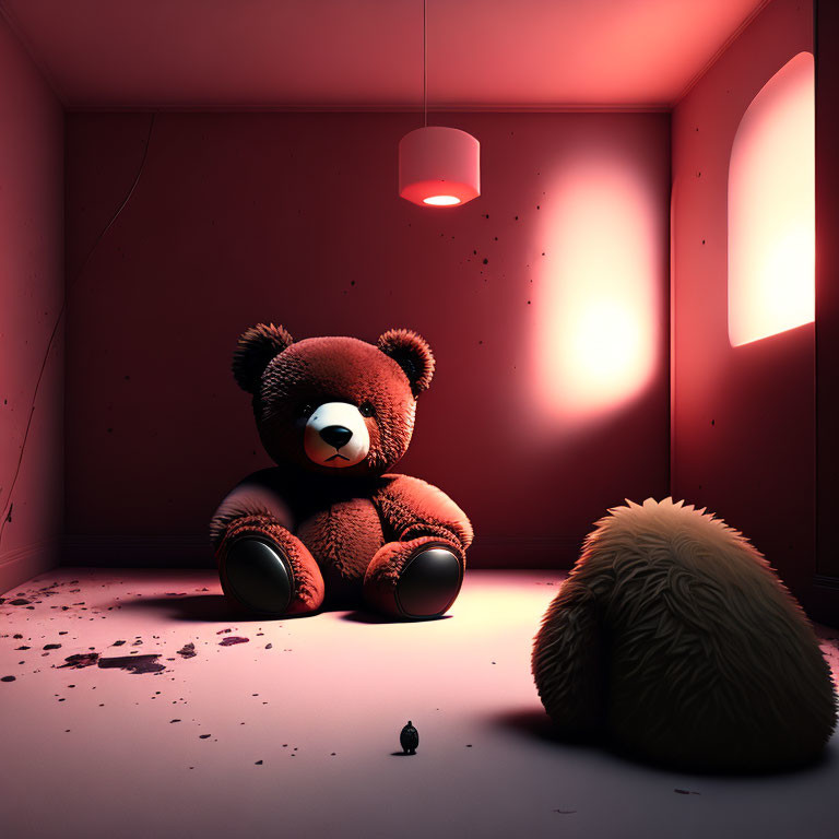 Large Teddy Bear in Red-Lit Room with Round Cushion and Chess Pawn