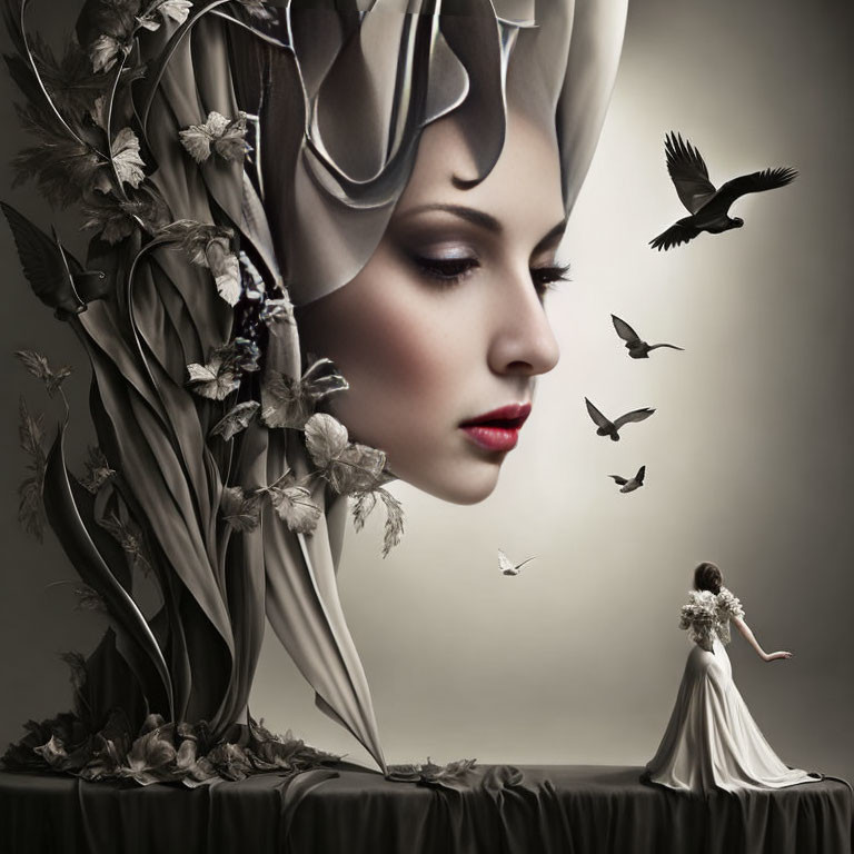 Surreal portrait of woman with elaborate headpiece and birds in flight