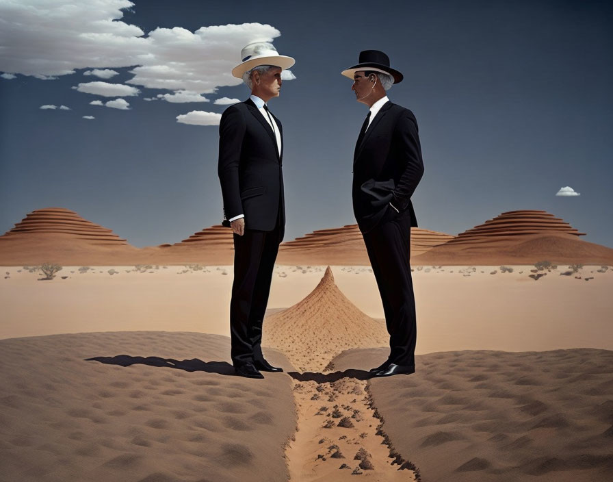 Men in suits and hats create sandglass shadow in desert