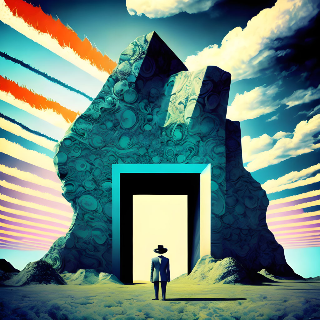 Surreal scene: person at giant rock door under stylized sky