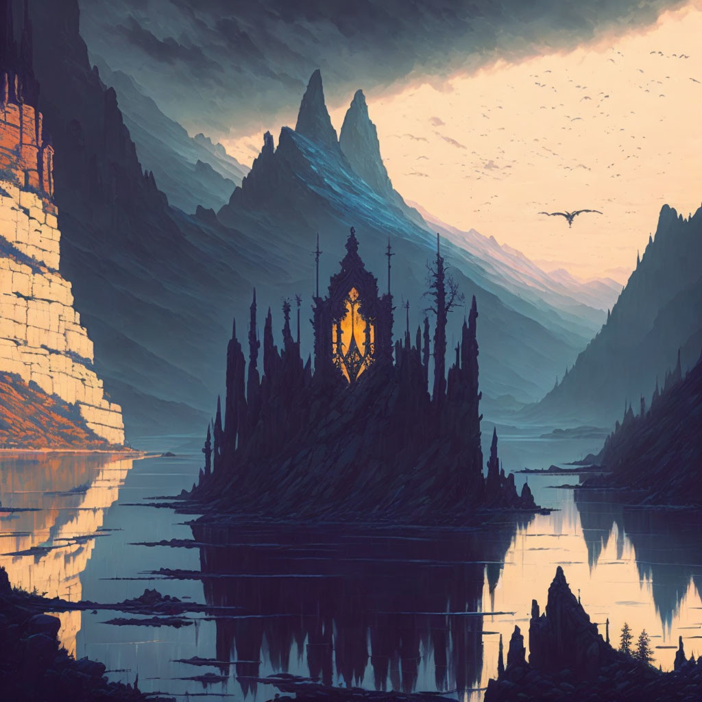 Mystical Gothic castle on island with mountains and sunset