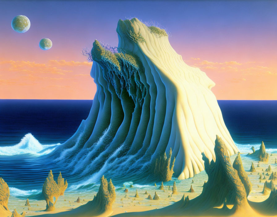 Surreal landscape with wave-shaped mountain, trees, beach, ocean, and two moons