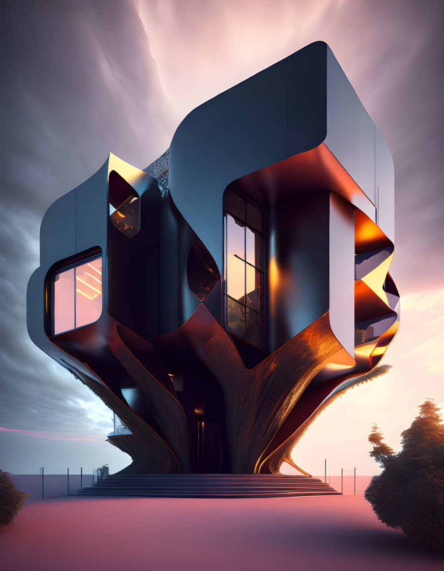 Futuristic House with Organic Shapes at Sunset