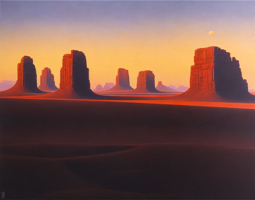 Desert Sunset with Large Buttes and Moon in Reddish Sky