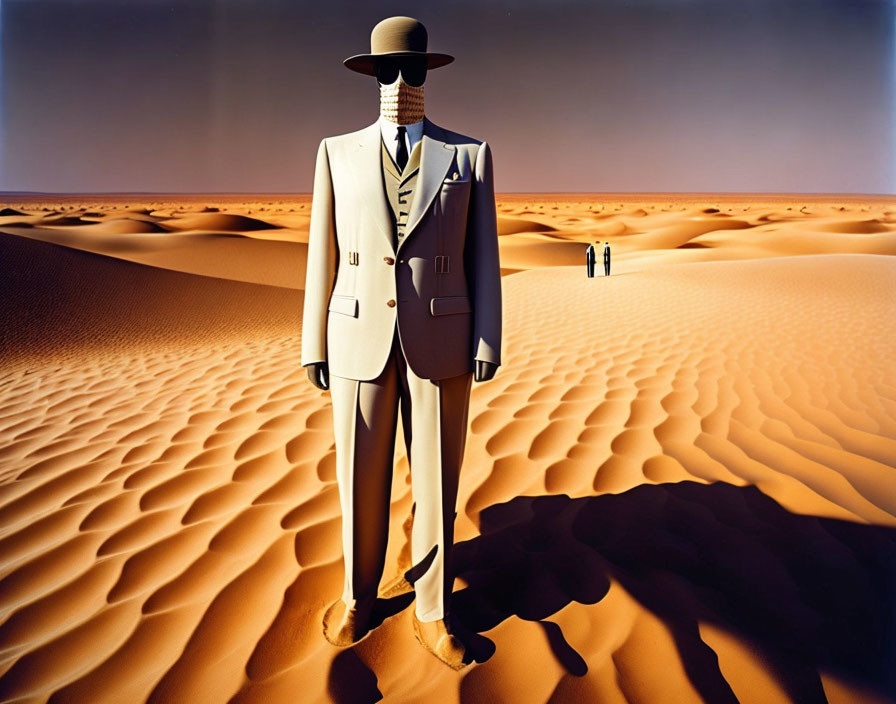 Surreal oversized suit with masked face in desert setting