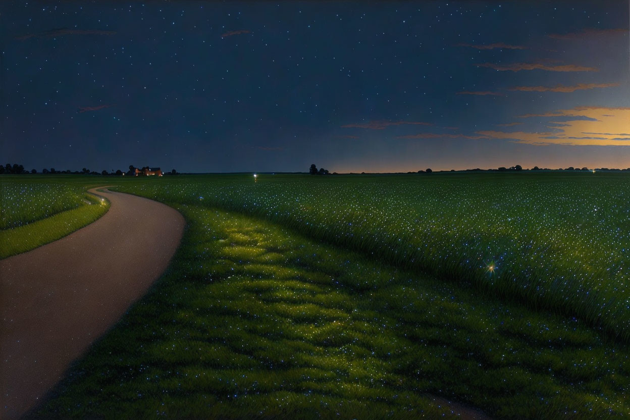 Winding Road Through Field Under Starry Night Sky