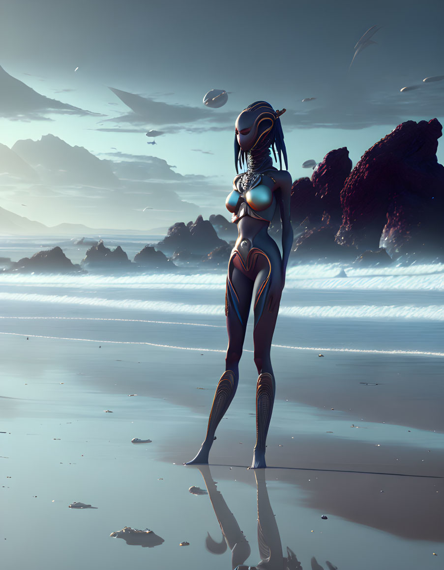 Blue-armored humanoid alien on rocky beach under hazy sky