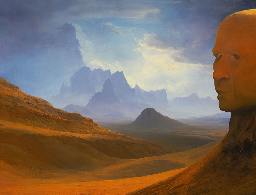 Surreal landscape featuring oversized human head in rocky terrain