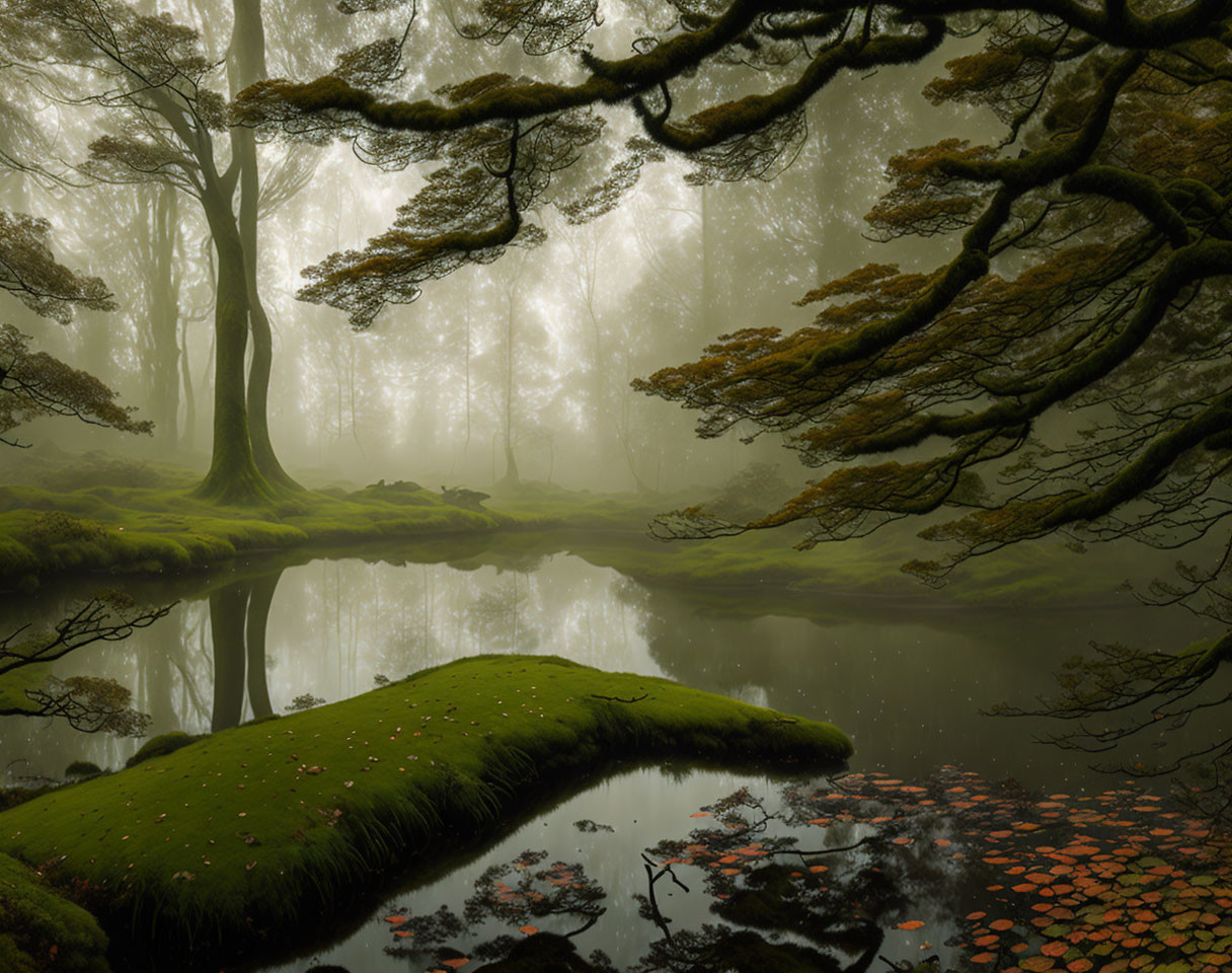 Tranquil misty forest with moss-covered ground, overhanging branches, and calm pond.