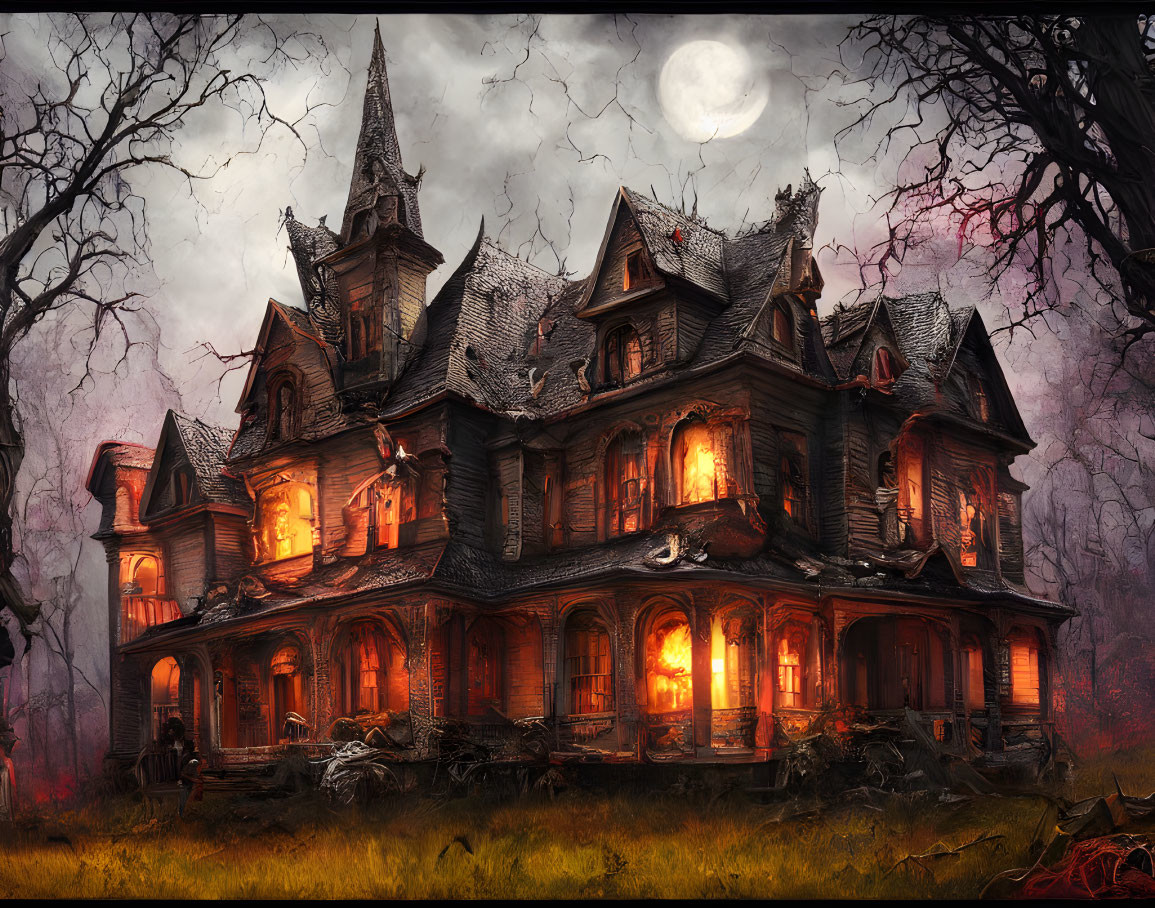 Gothic-style haunted house under full moon with eerie atmosphere