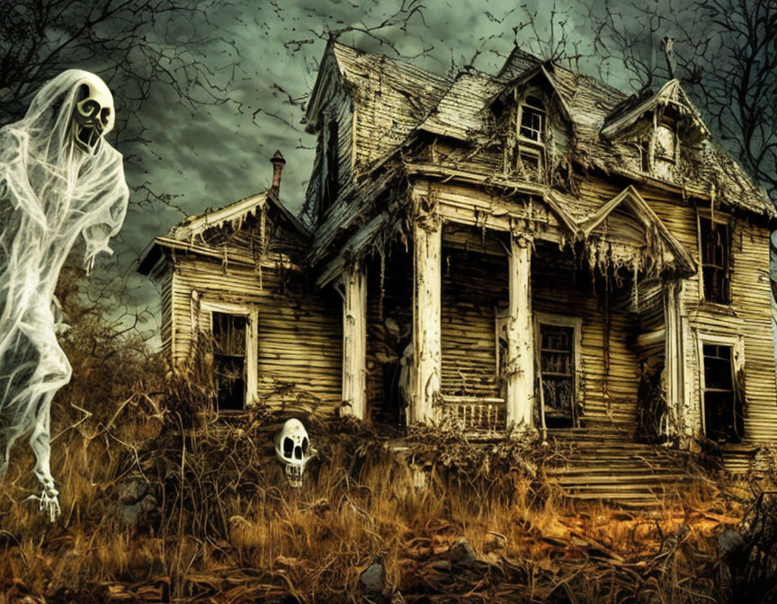 Spooky abandoned house with ghostly figure and skull