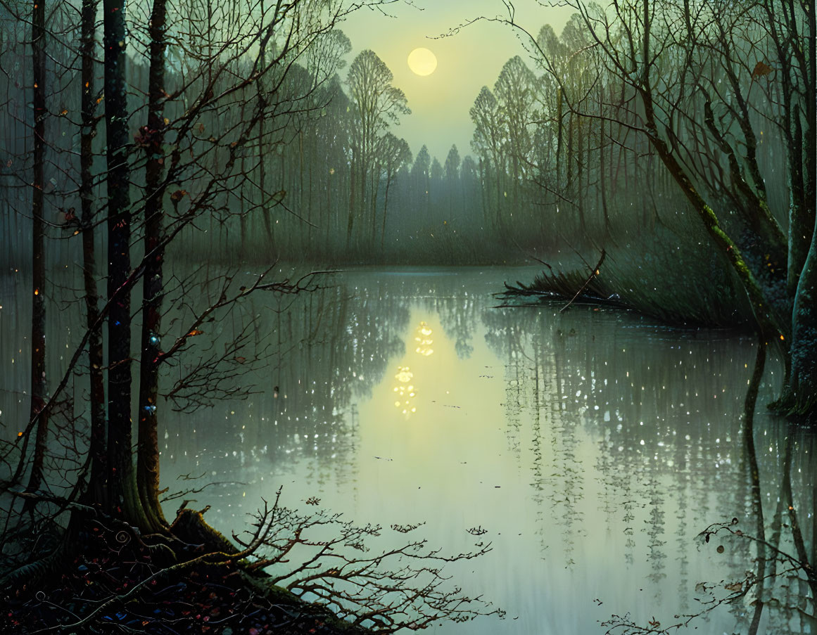 Moonlit swamp with bare trees, fireflies, and mystical atmosphere.