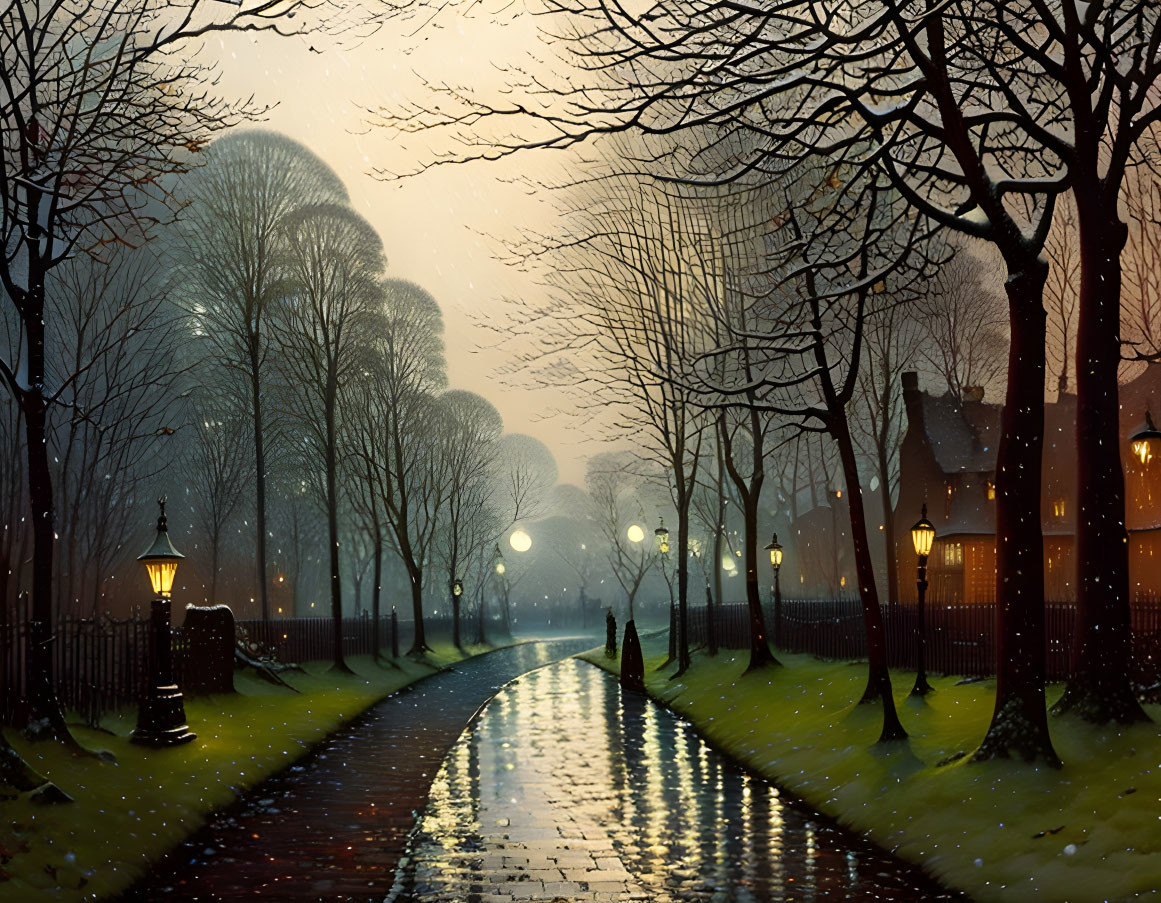 Tranquil park evening with wet pathway, glowing houses, and bare trees