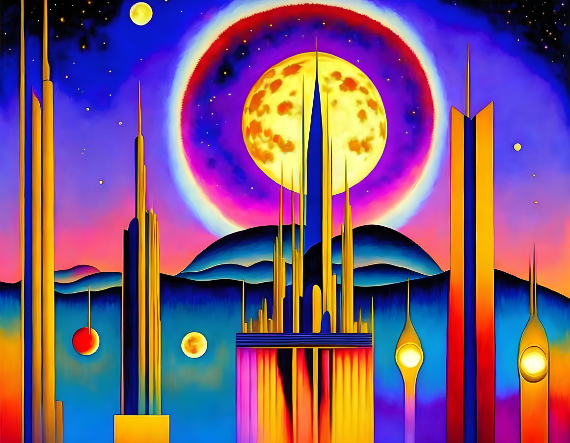 Colorful surrealist landscape with large moon and stylized buildings