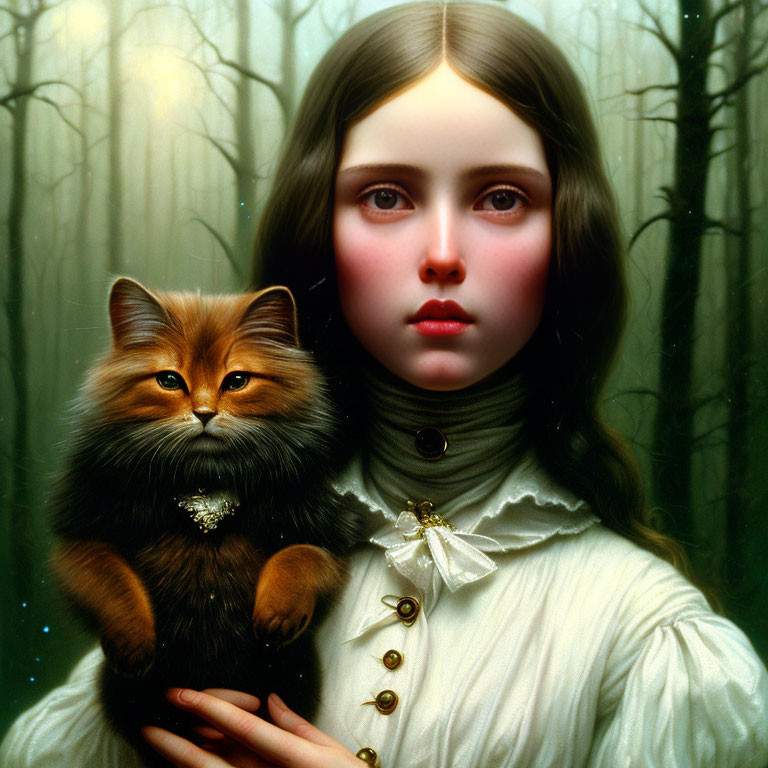 Young Girl with Large Eyes Holding Fluffy Cat in Misty Forest