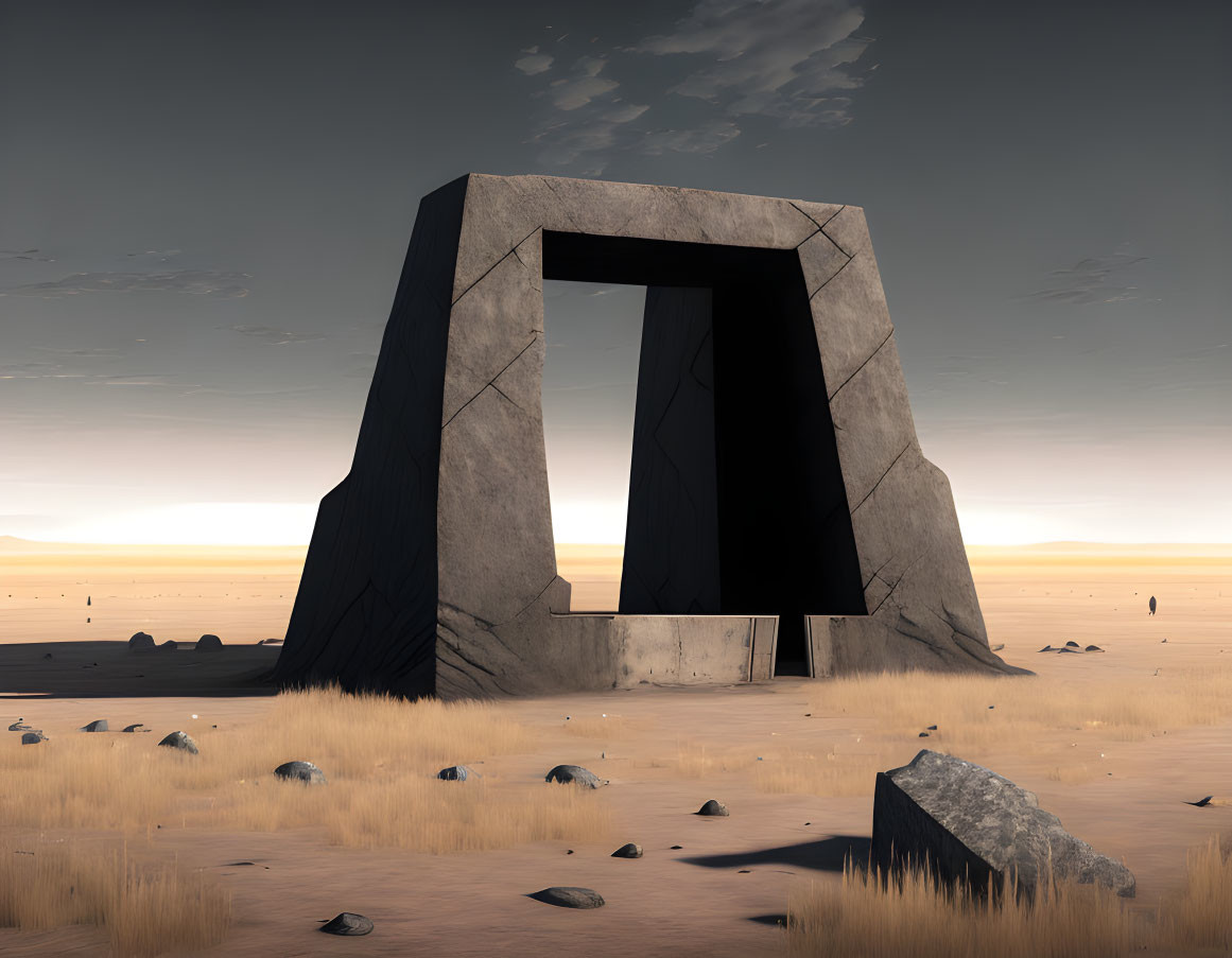 Monolithic Stone Arch in Barren Desert Landscape at Dusk or Dawn