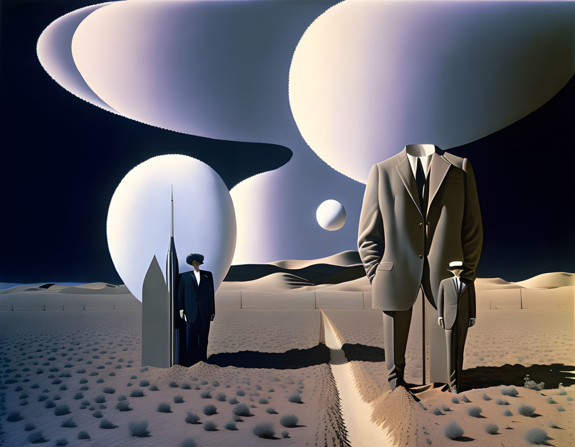 Faceless Businessmen in Surreal Desert Landscape with Floating Orbs