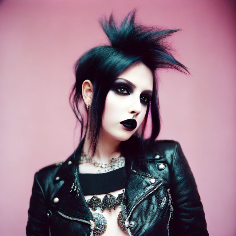 Punk-inspired person with spiky hair, dark makeup, leather jacket, and choker necklace