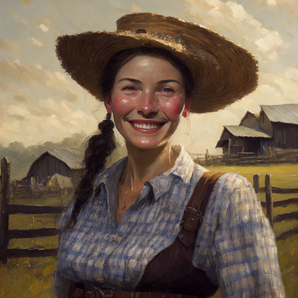 Smiling woman in straw hat and overalls on sunny farm day