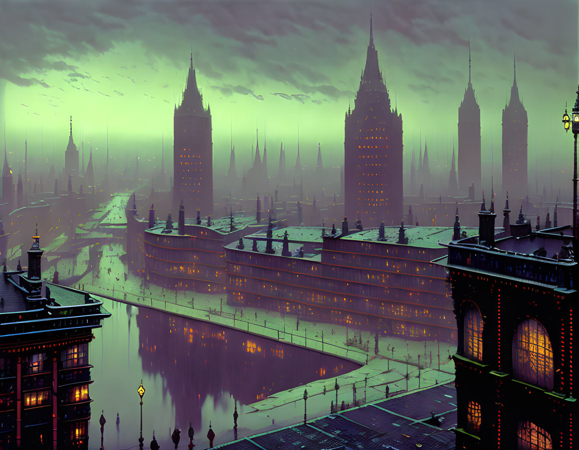 Futuristic cityscape at dusk with towering spires and neon lights