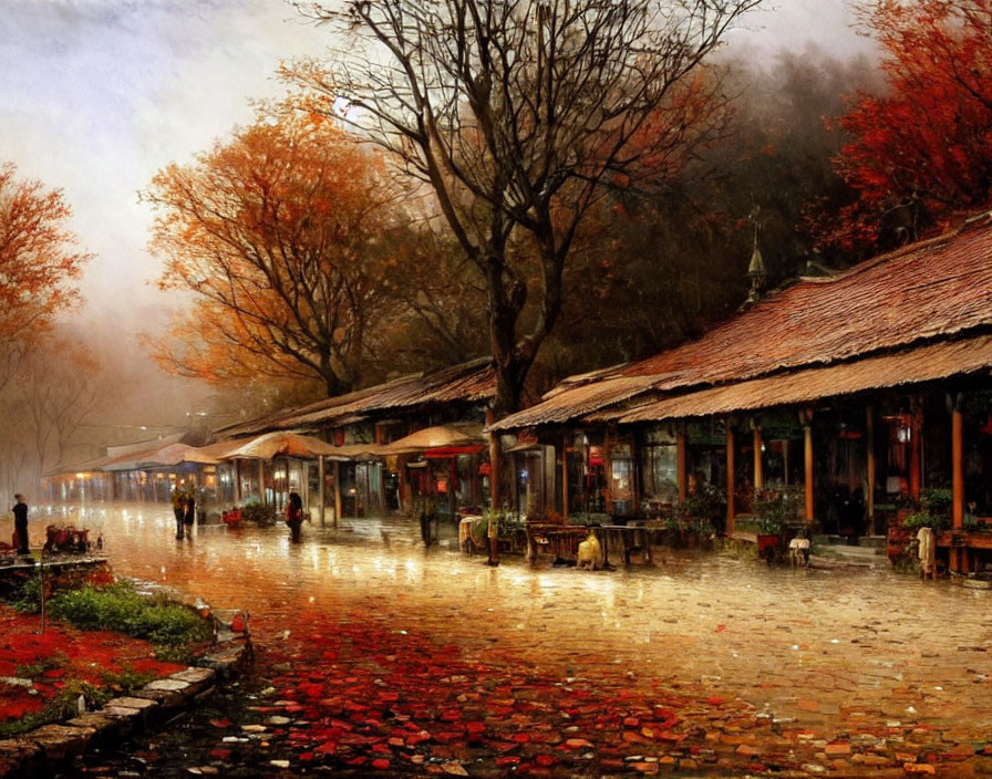 Rustic shops on cobblestone street in misty autumn scene