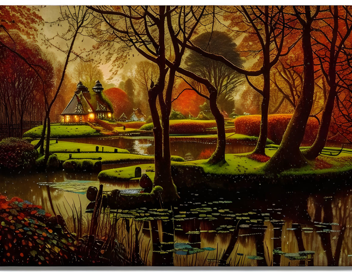 Autumnal Twilight Scene: Illuminated Cottage by Pond & Serene Garden