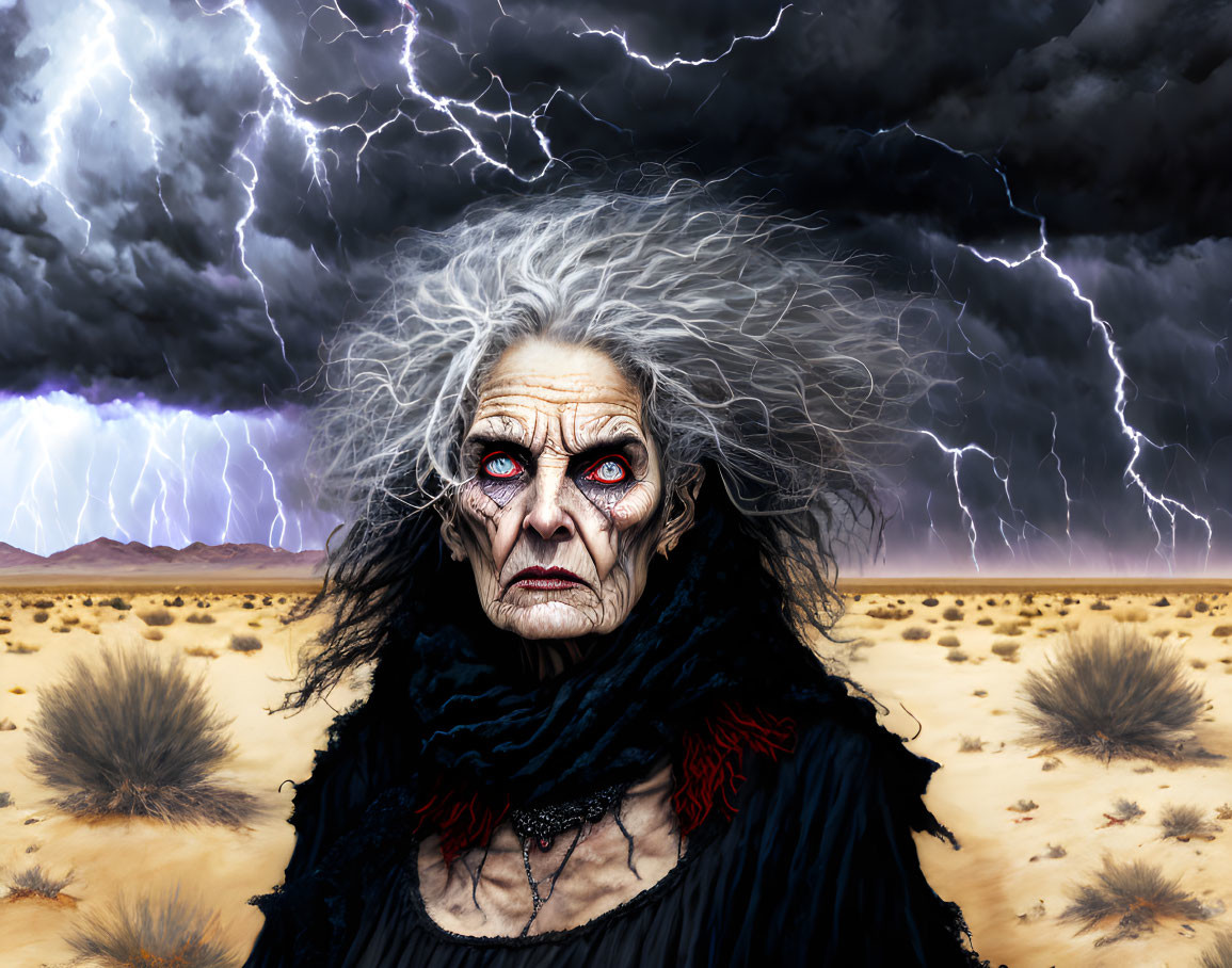 Spooky old woman with gray hair and red eyes in stormy desert