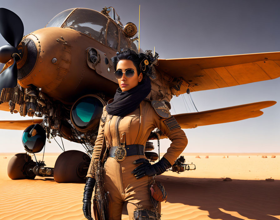 Confident woman in pilot's suit with retro-futuristic airplane in desert