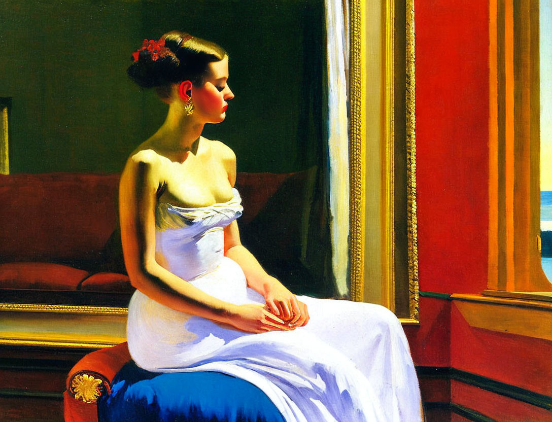 Woman in Elegant White Dress Seated by Window with Red Curtain