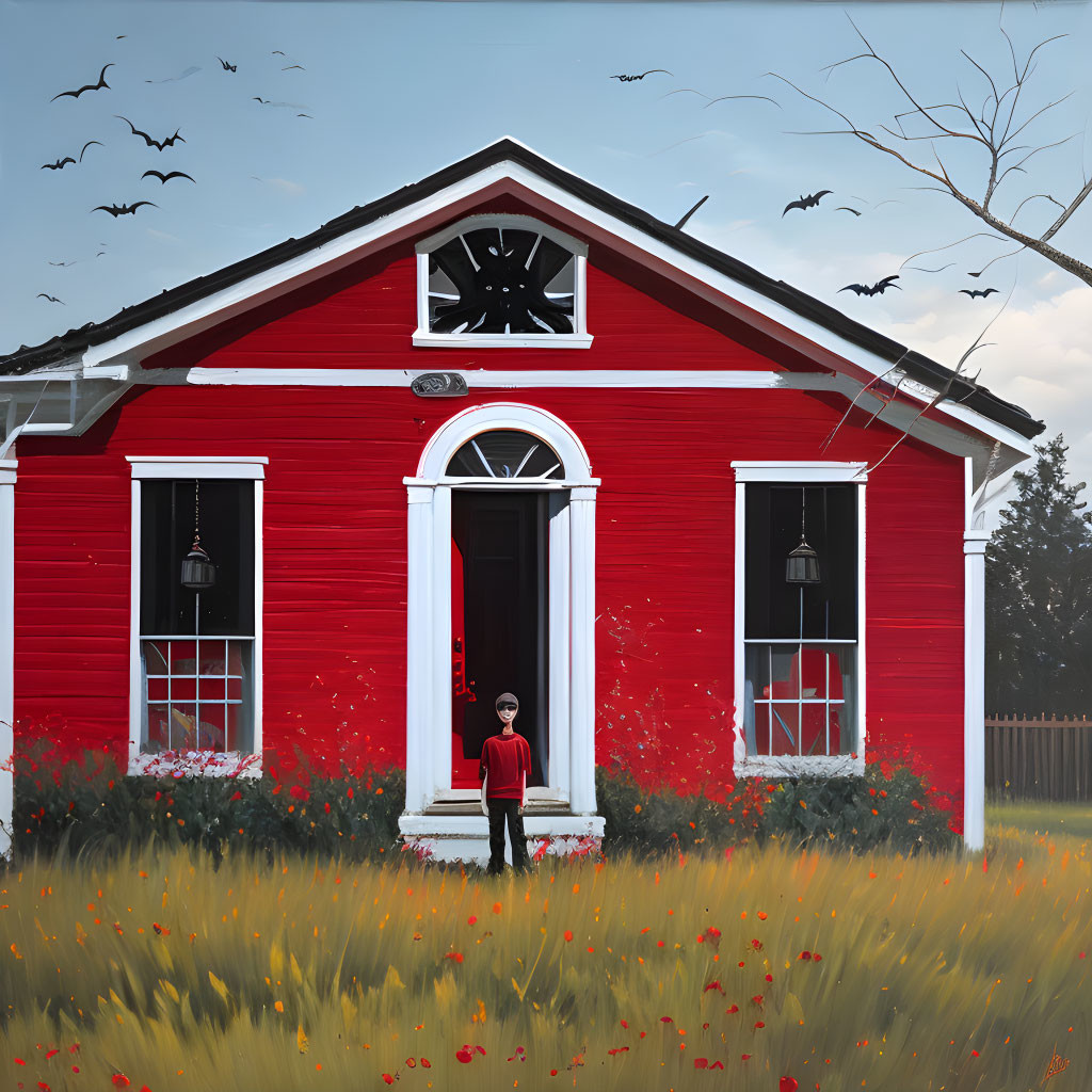 Child in red by vibrant red house with broken window, yellow grass, red flowers, bats.