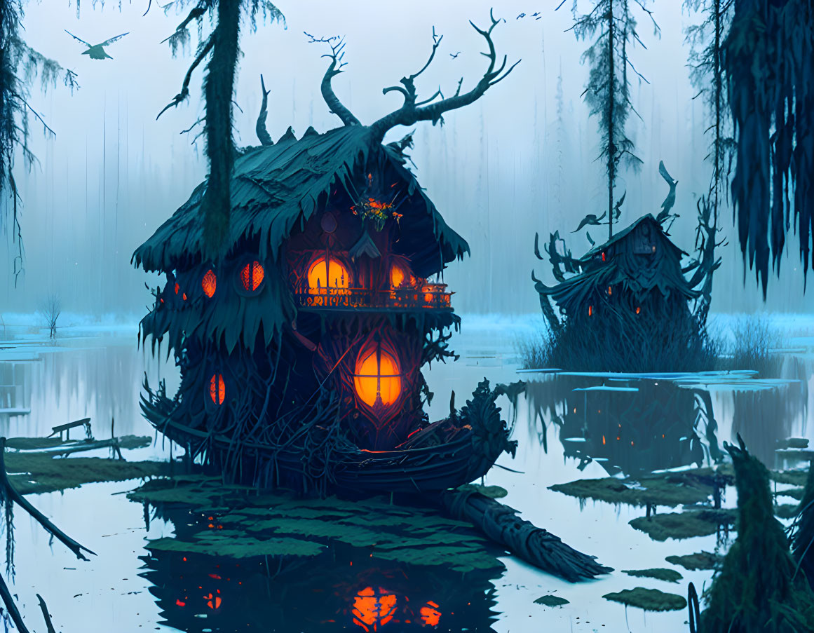 Eerie swamp scene with rustic huts, warm glows, dead trees, mist, twilight sky