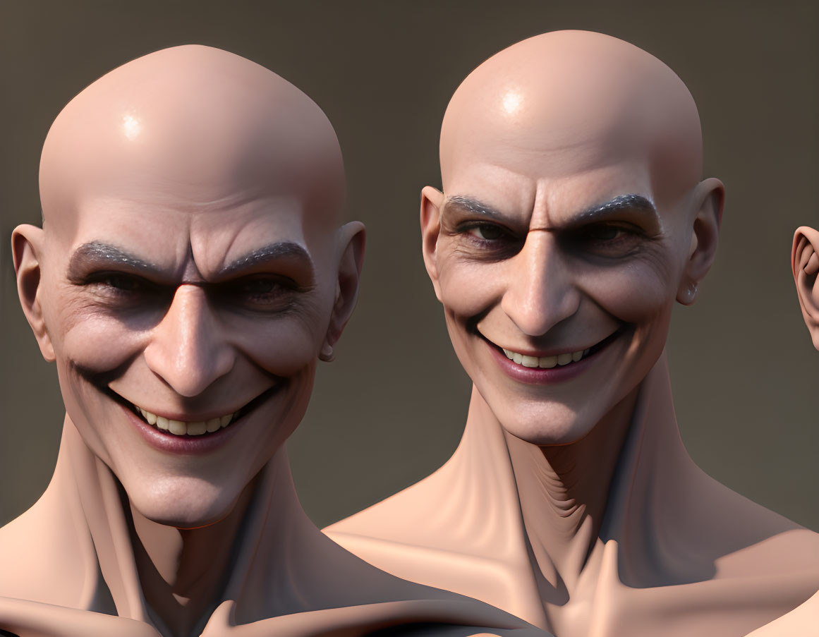 Exaggerated facial features on two smiling bald characters in 3D render