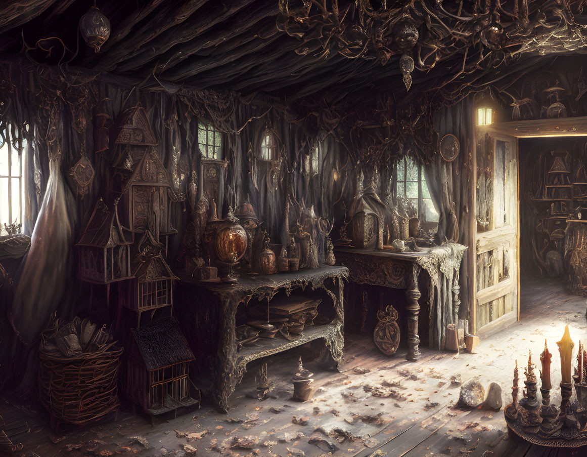 Detailed Witch's Cabin with Potion Bottles, Books, Broom & Cauldron